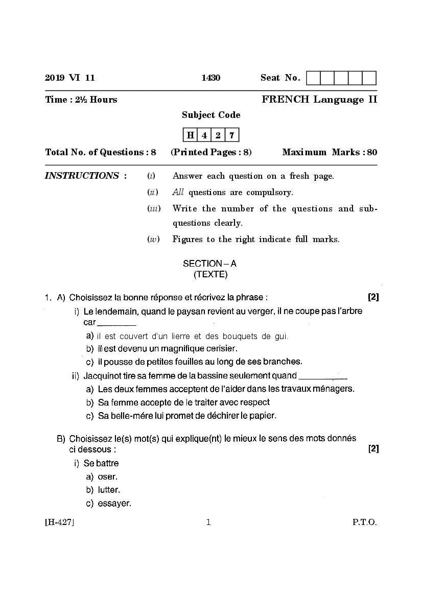 Goa Board Class 12 Question Paper June 2019 French Language II - Page 1