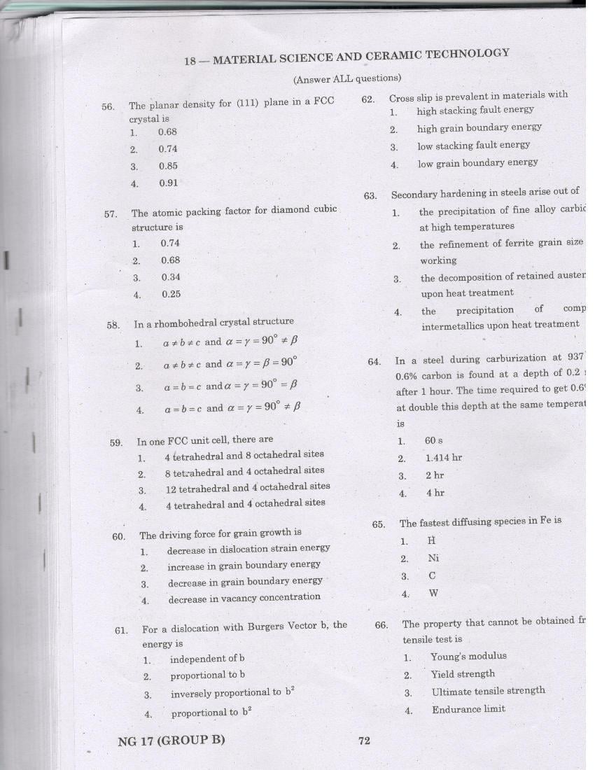 TANCET 2017 Question Paper for Material Science and Ceramic Technology - Page 1