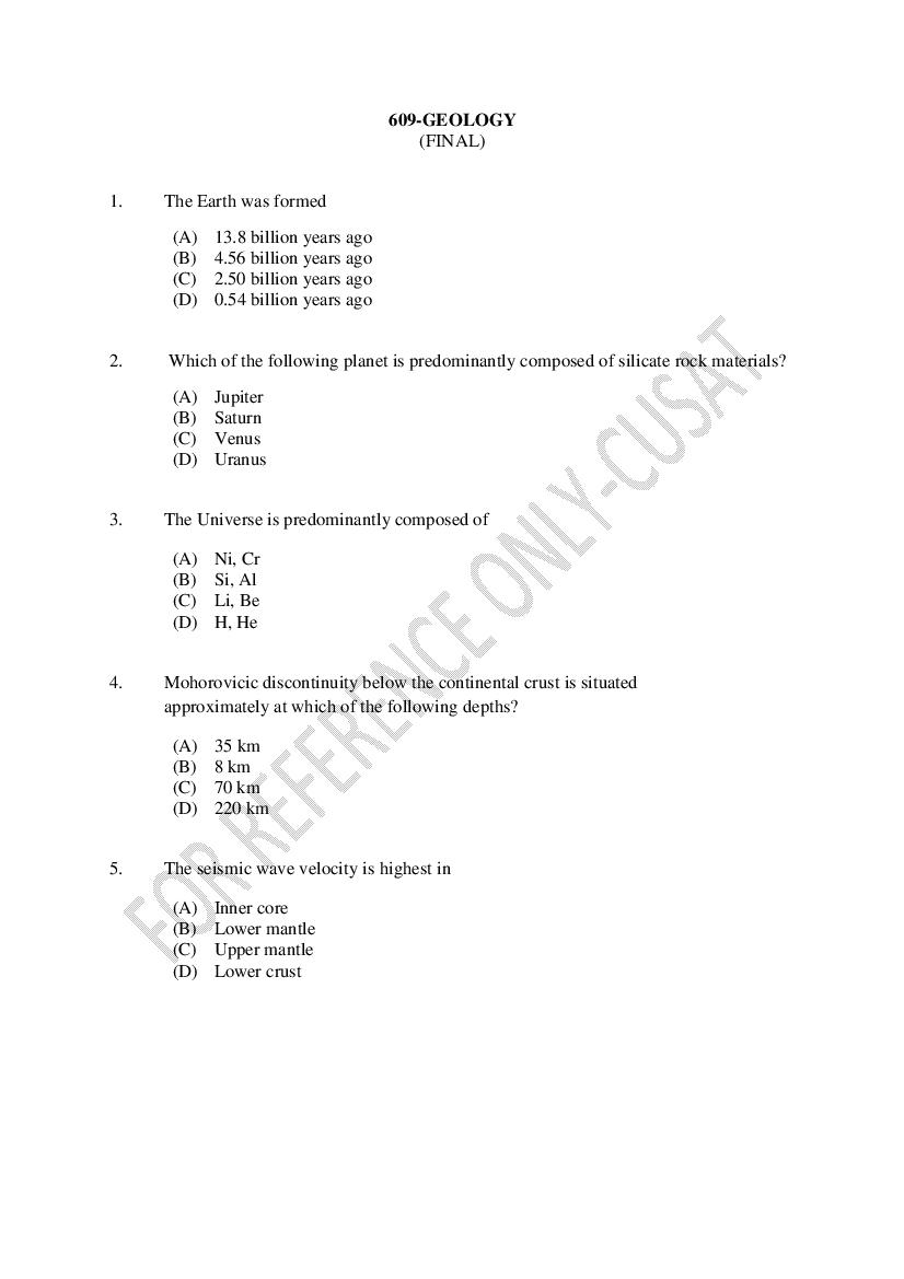 CUSAT CAT 2022 Question Paper Geology - Page 1