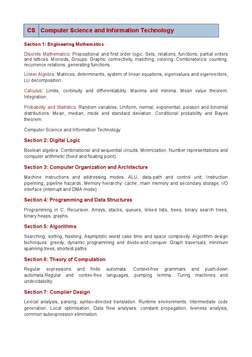 GATE 2023 Syllabus for Computer Science and Information Technology (CS) - Page 1