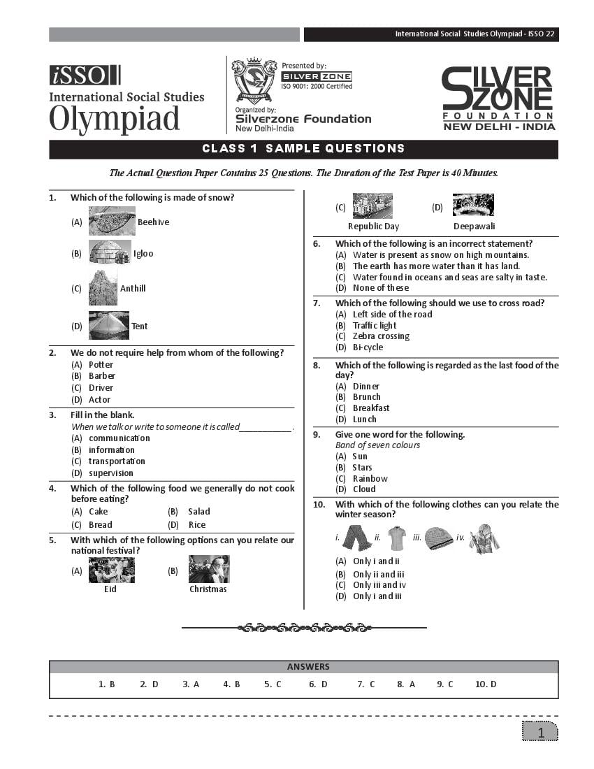 SilverZone iSSO Sample Paper 2022 Class 1  - Page 1