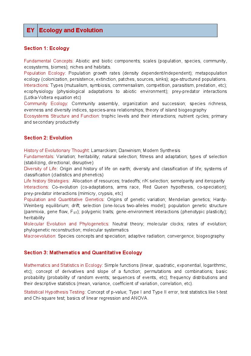 GATE 2023 Syllabus for Ecology and Evolution (EY) - Page 1