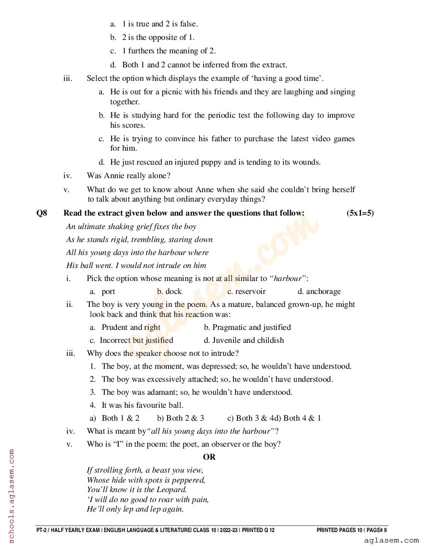 Class 10 English Half Yearly Question Paper 2024 Download 10th Half 