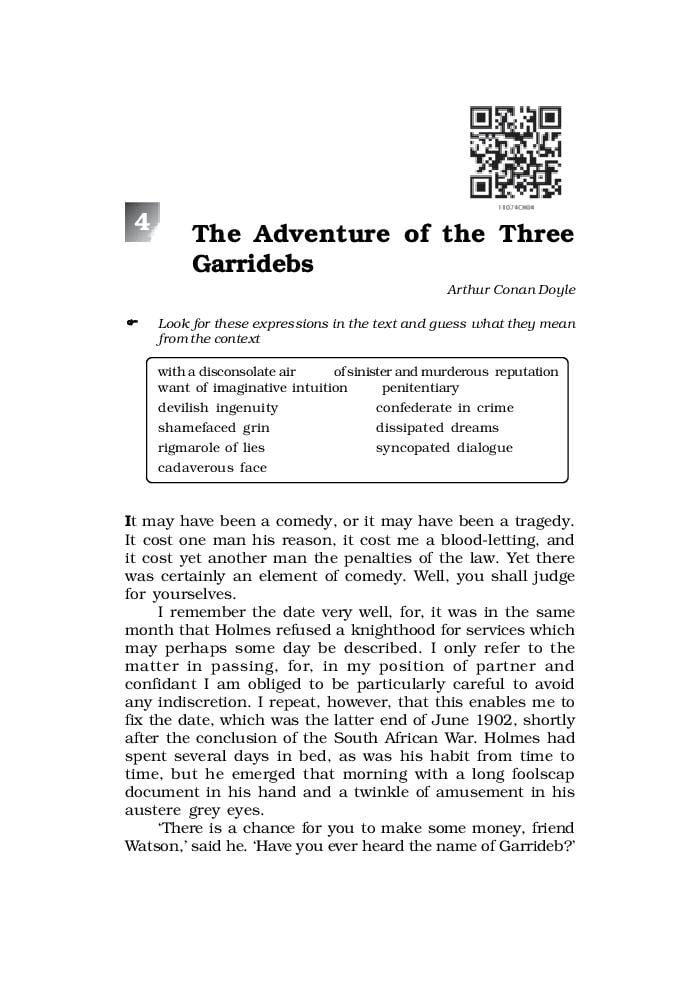 NCERT Book Class 11 English (Woven Words) Short Stories 4 The Adventure of the Three Garridebs - Page 1