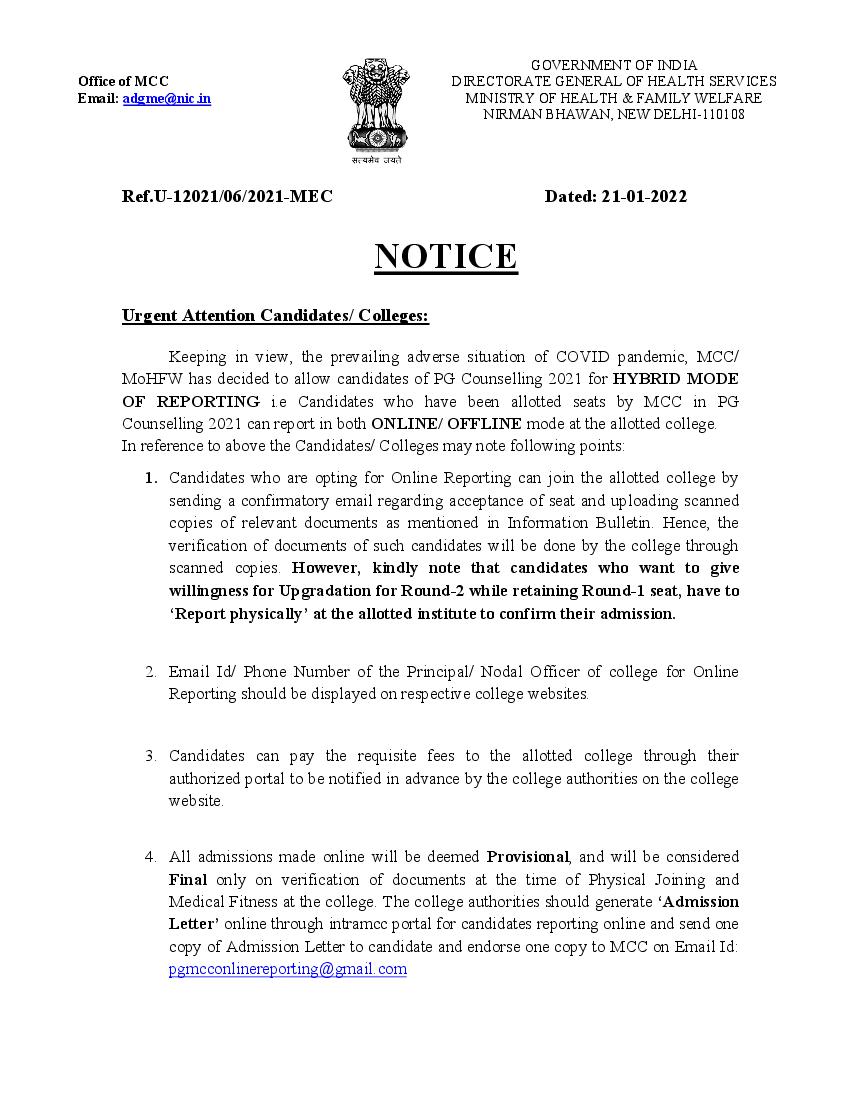 NEET PG Counselling 2021 Notice for Hybrid Mode of Reporting - Page 1