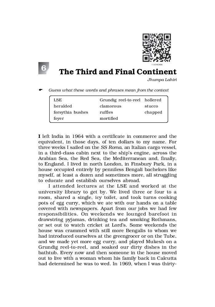 NCERT Book Class 11 English (Woven Words) Short Stories 6 The Third and Final Continent - Page 1