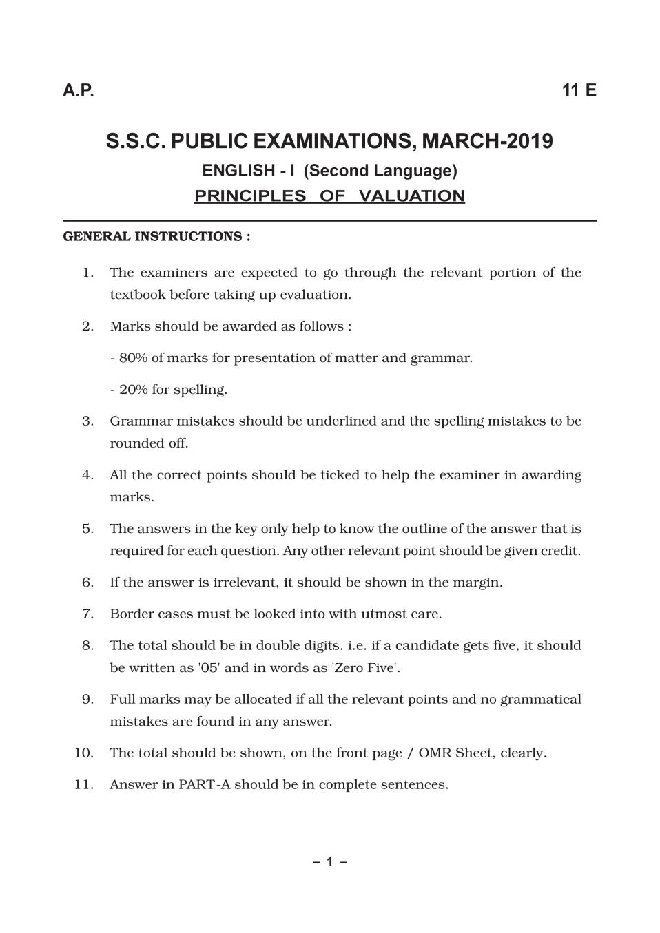 AP 10th Class Marking Scheme 2019 English (2nd Language) - Page 1