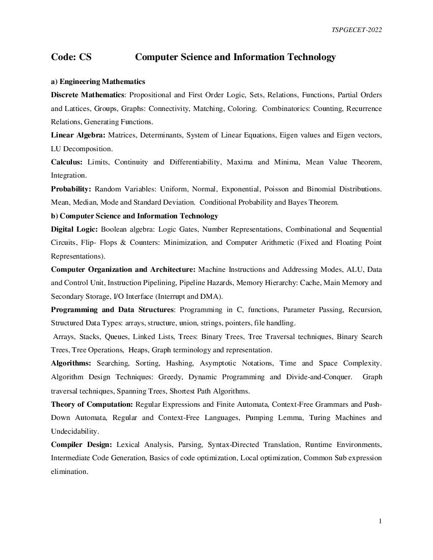 TS PGECET 2022 Syllabus for Computer Science and Information Technology - Page 1