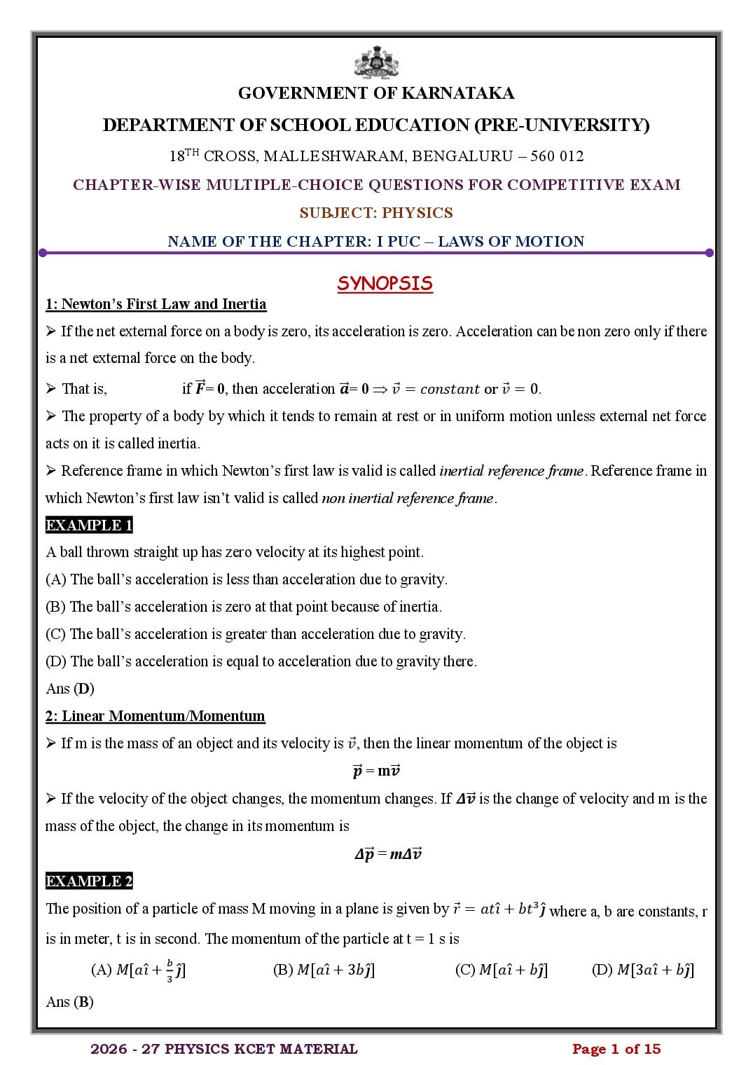Karnataka 1st PUC Physics Laws of Motion MCQ with Answers - Page 1 of 15