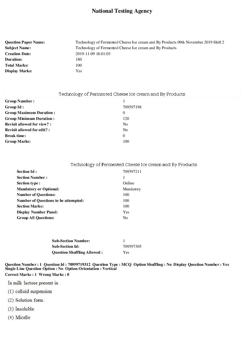 SWAYAM 2019 Question Paper Technology of Fermented Cheese Ice cream and By Products - Page 1 of 24