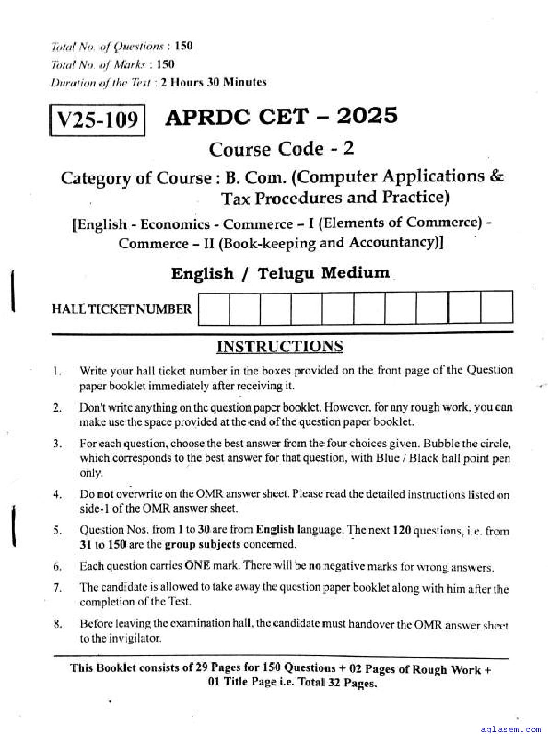 APRDC CET 2025 Question Paper B.Com - Page 1 of 30