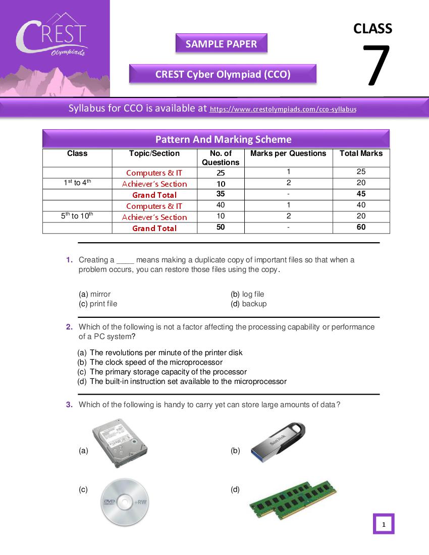 CREST Cyber Olympiad (CCO) Class 7 Sample Paper - Page 1