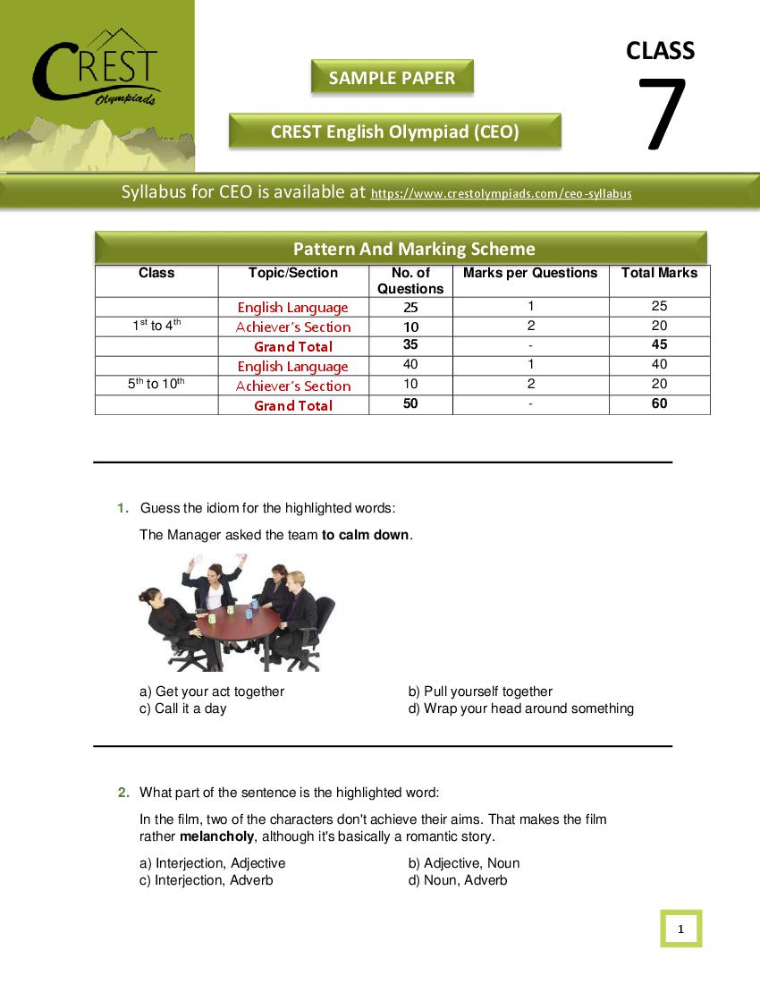 CREST English Olympiad (CEO) Class 7 Sample Paper - Page 1