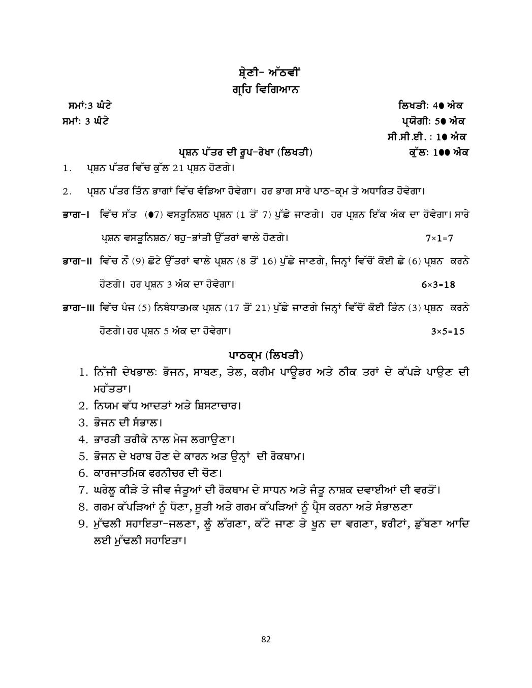 PSEB Syllabus 2020-21 for Class 8 Home Science - Page 1