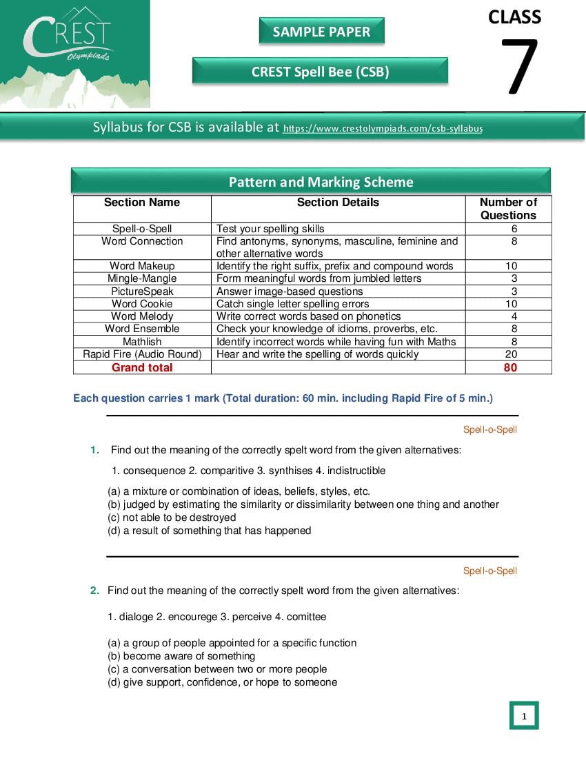 CREST International Spell Bee (CSB) Class 7 Sample Paper - Page 1