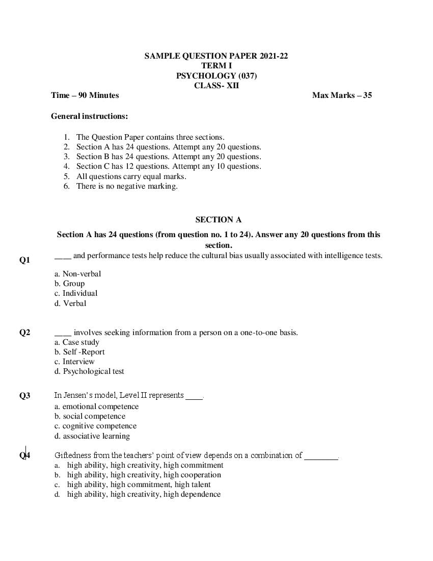 CBSE Class 12 Sample Paper 2022 for Psychology Term 1 - Page 1