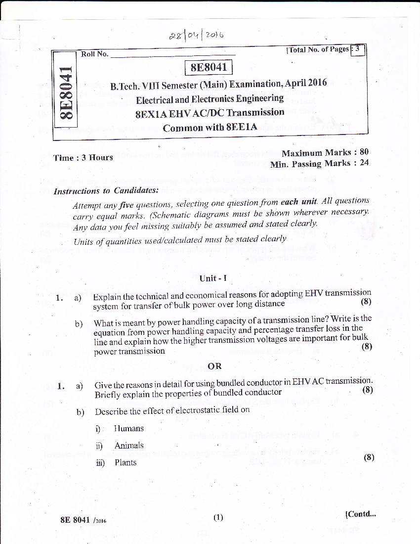 RTU 2016 Question Paper Semester VIII Electrical and Electronics Engineering EHV ACDC Transmission - Page 1 of 3