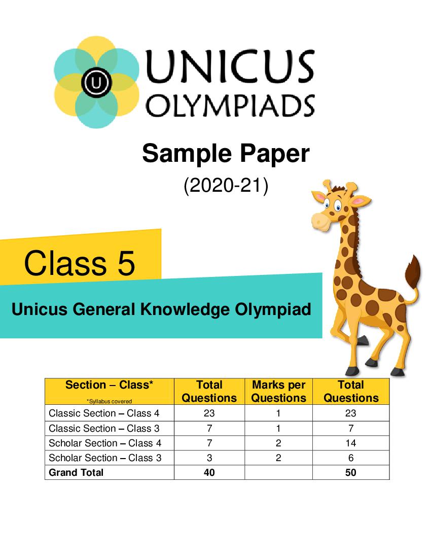 Unicus General Knowledge Olympiad (UGKO) Class 5 Sample Paper - Page 1