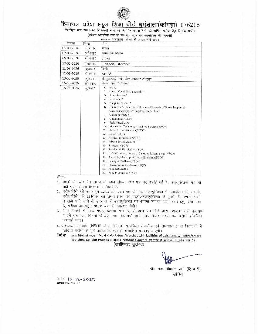 HPBOSE Class 9th Date Sheet 2026 - Page 1