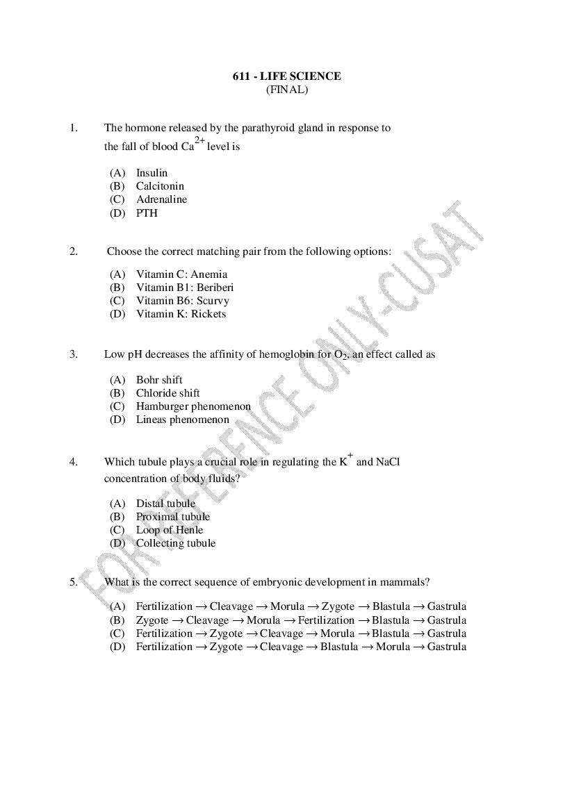 CUSAT CAT 2022 Question Paper Life Science - Page 1