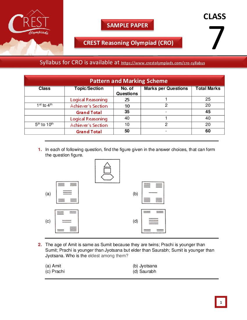 CREST Reasoning Olympiad (CRO) Class 7 Sample Paper - Page 1
