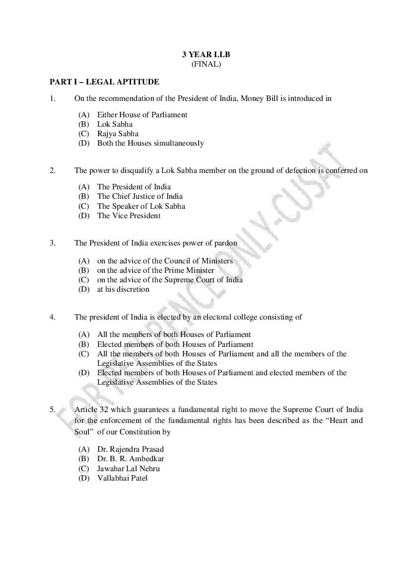 CUSAT CAT 2022 Question Paper LLB 3 Year - Page 1