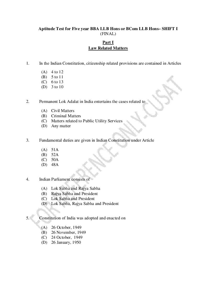 CUSAT CAT 2022 Question Paper LLB 5Yr BBA LLB B.Com LLB Shift 1 - Page 1
