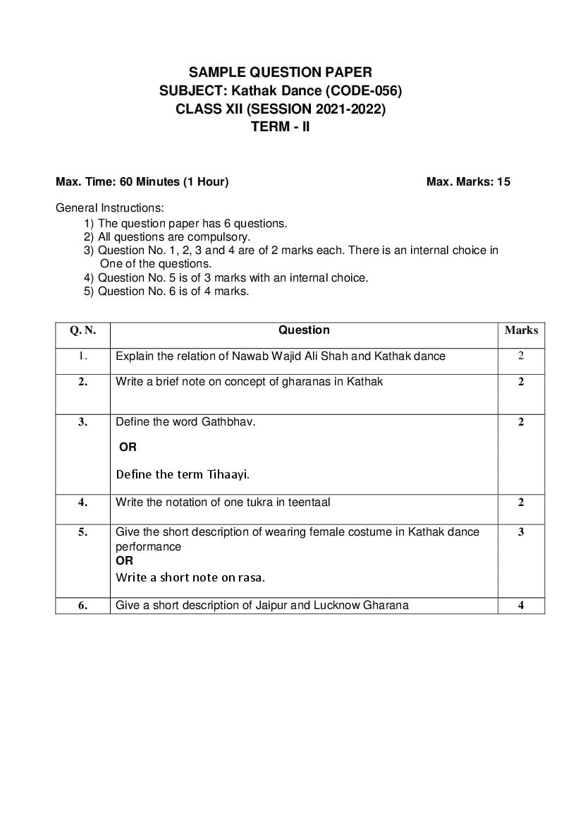 CBSE Class 12 Sample Paper 2022 for Kathak Term 2 - Page 1