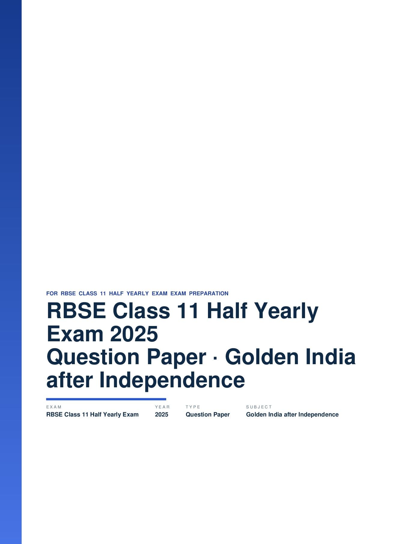 RBSE Class 11 Half Yearly Exam Question Paper 2025 Golden India after Independence - Page 1 of 5