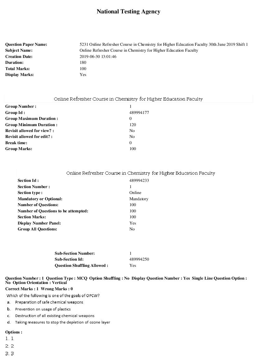 ARPIT 2019 Question Paper for Online Refresher Course in Chemistry for Higher Education Faculty - Page 1 of 32