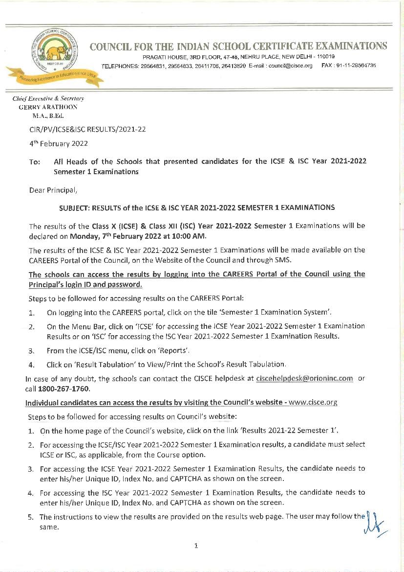 ISC 2021 – 2022 Result Release Date Notice - Page 1