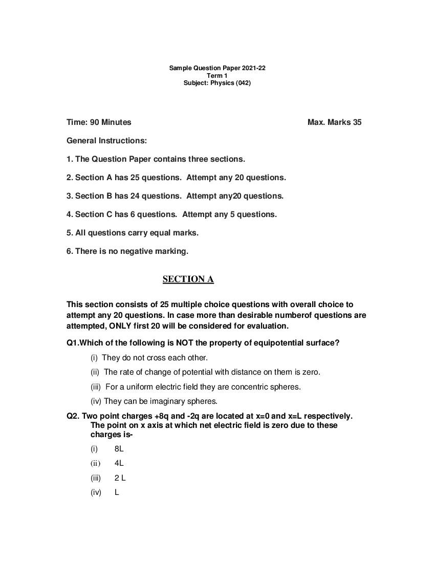 CBSE Class 12 Sample Paper 2022 for Physics - Page 1