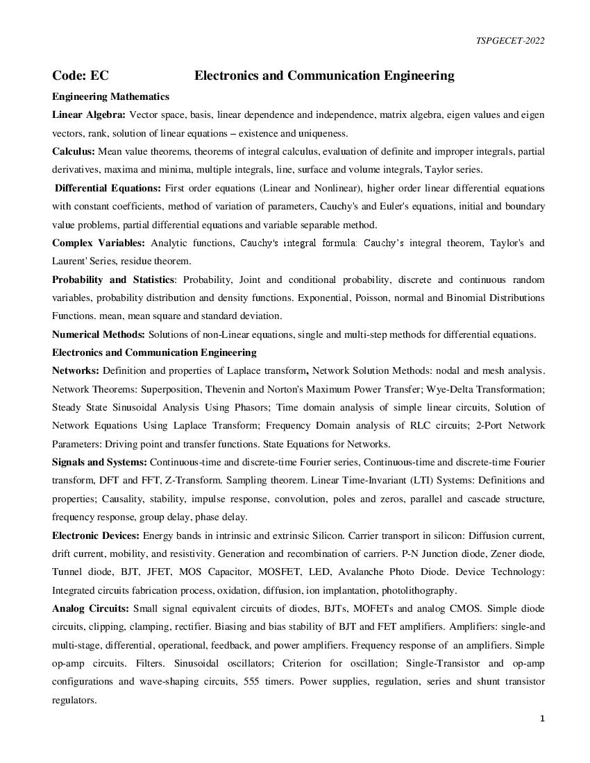 TS PGECET 2022 Syllabus for Electronics and Communication Engineering - Page 1