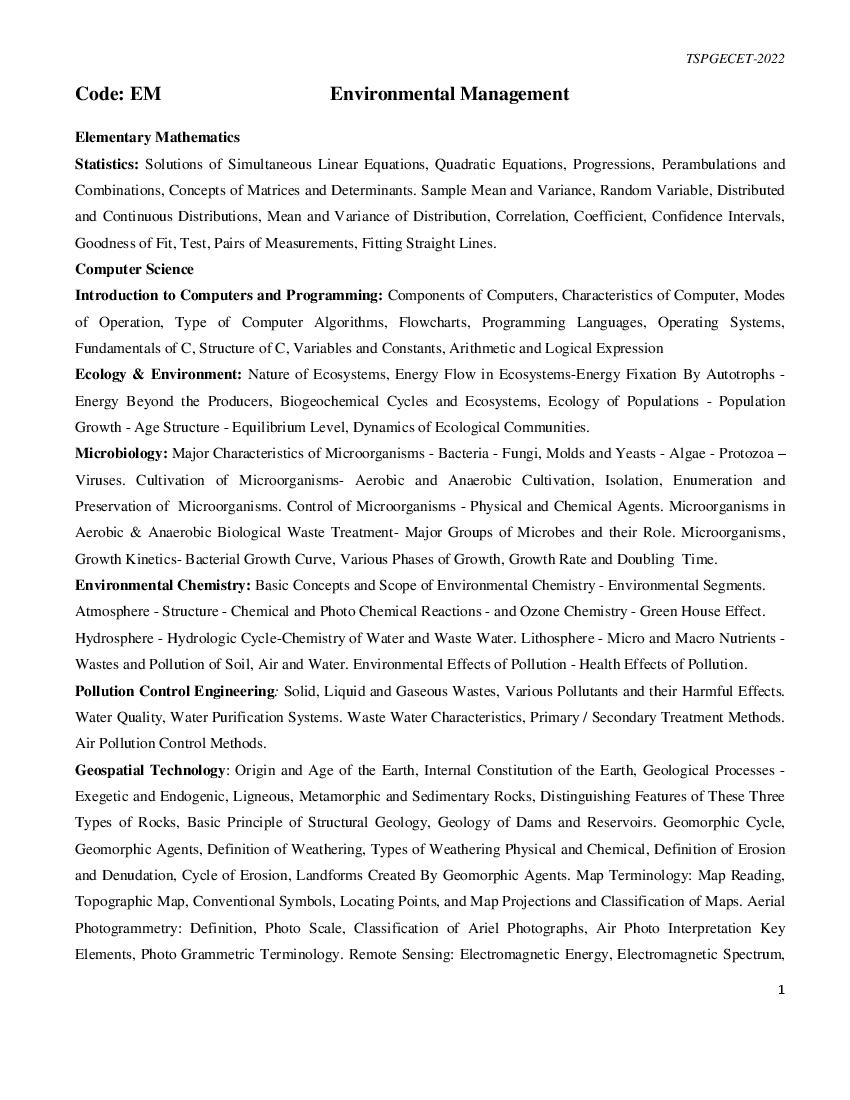 TS PGECET 2022 Syllabus for Environmental Management - Page 1