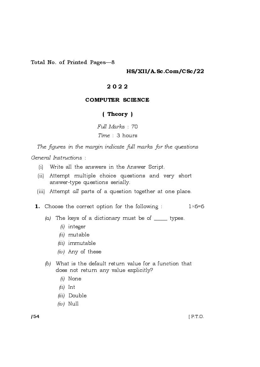 MBOSE Class 12 Question Paper 2022 for Computer Science - Page 1