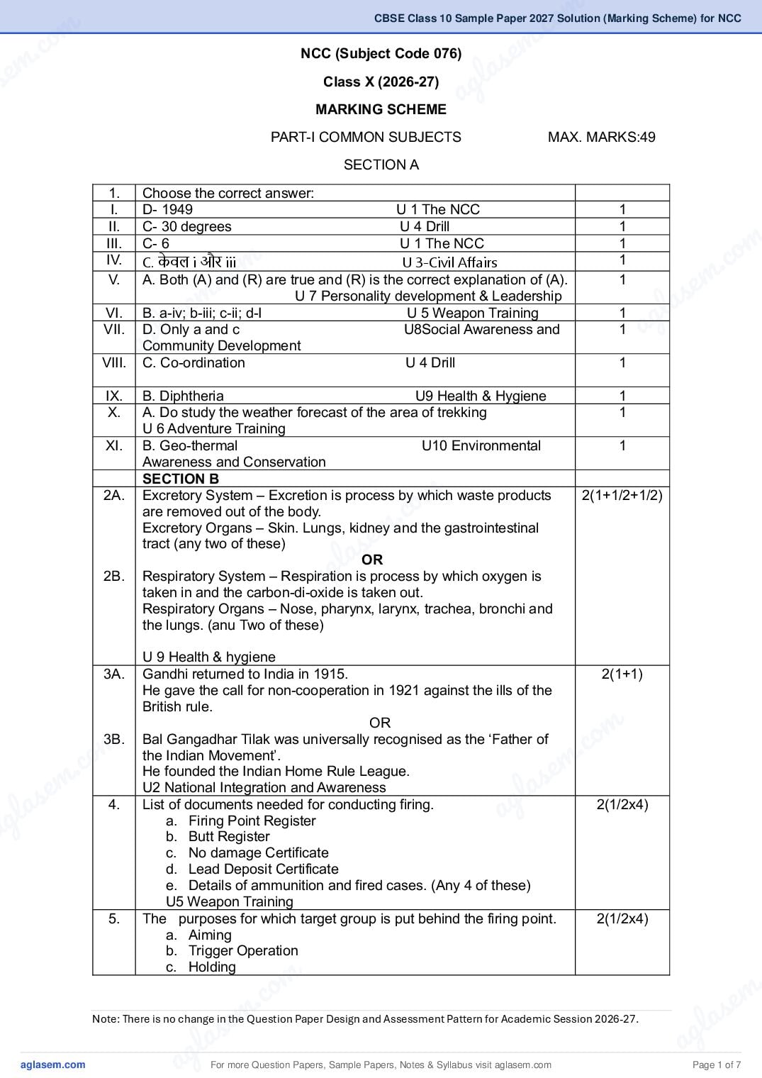 CBSE Class 10 Sample Paper 2027 Solution (Marking Scheme) for NCC - Page 1 of 7
