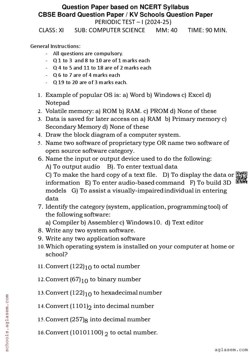 Class 11 PT 1 Question Paper Computer Science 202425 Download