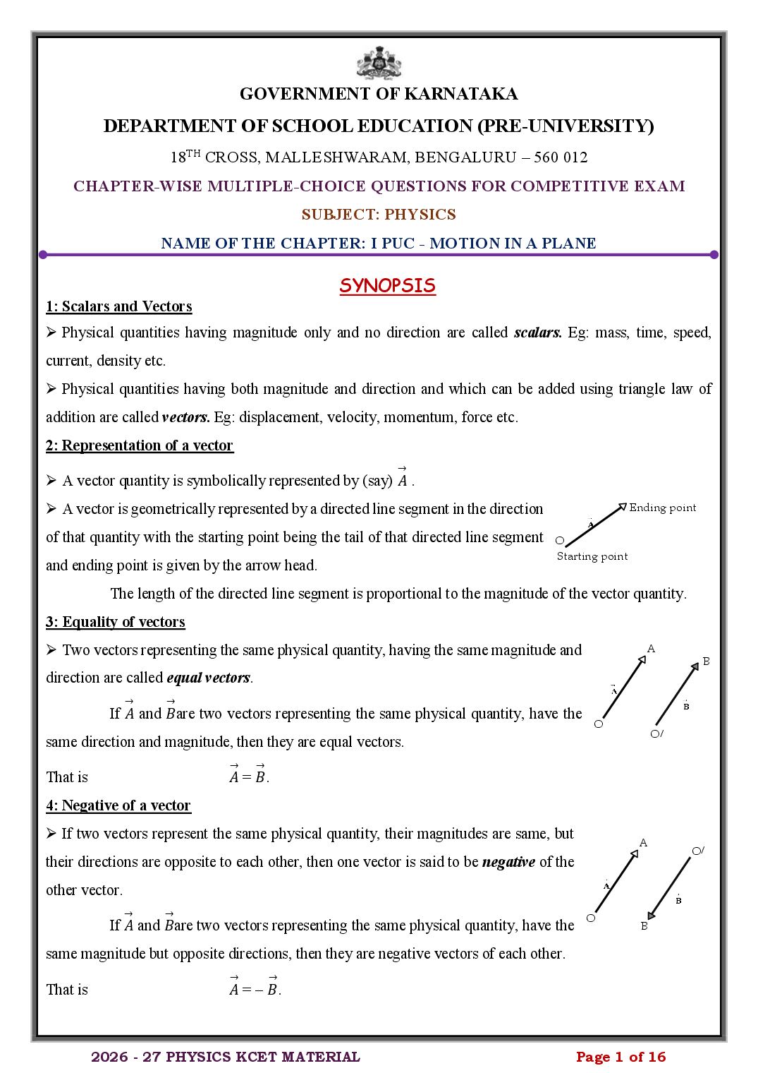 Karnataka 1st PUC Physics Motion in a Plane MCQ with Answers - Page 1 of 16