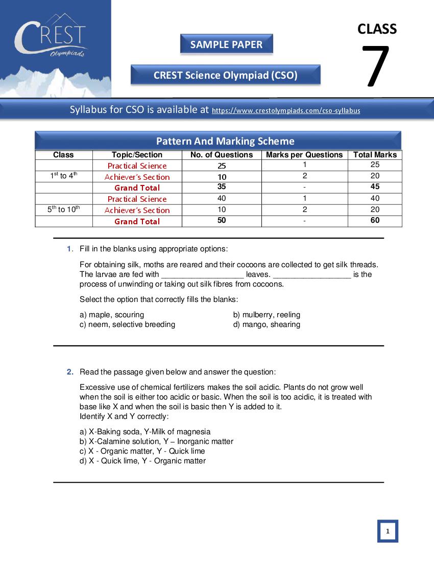 CREST Science Olympiad (CSO) Class 7 Sample Paper - Page 1