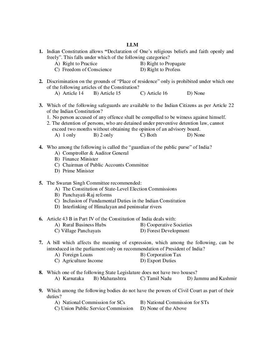 PU CET PG 2019 Question Paper LLM - Page 1