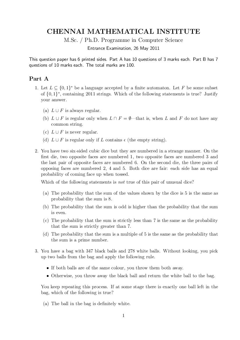 CMI Entrance Exam 2011 Question Paper for M.Sc or Ph.D Computer Science - Page 1