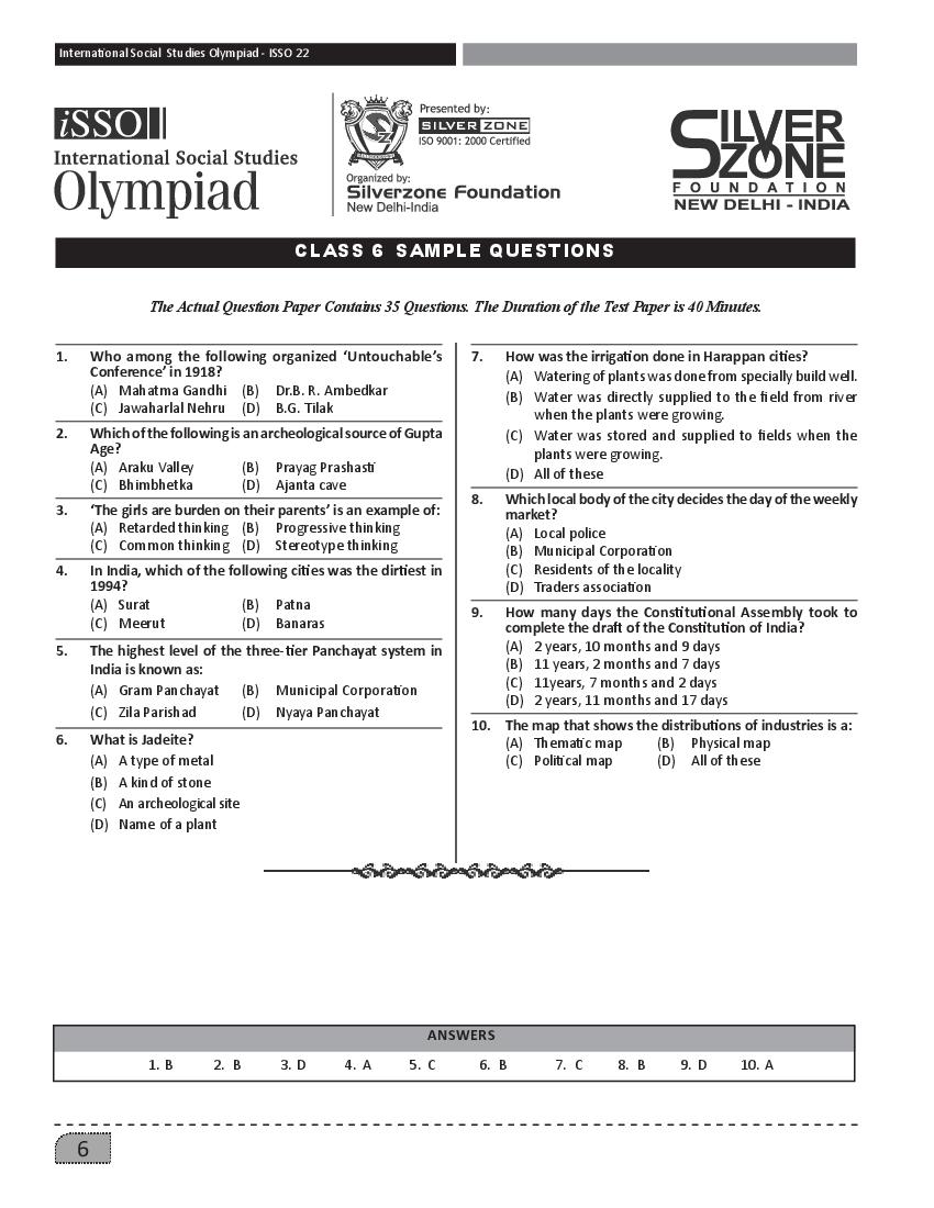 SilverZone iSSO Sample Paper 2022 Class 6  - Page 1