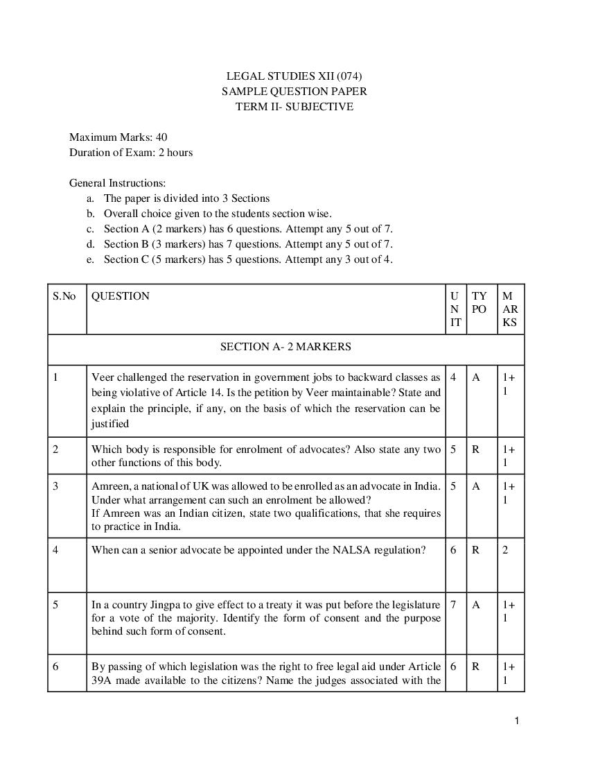 CBSE Class 12 Sample Paper 2022 for Legal Studies Term 2 - Page 1
