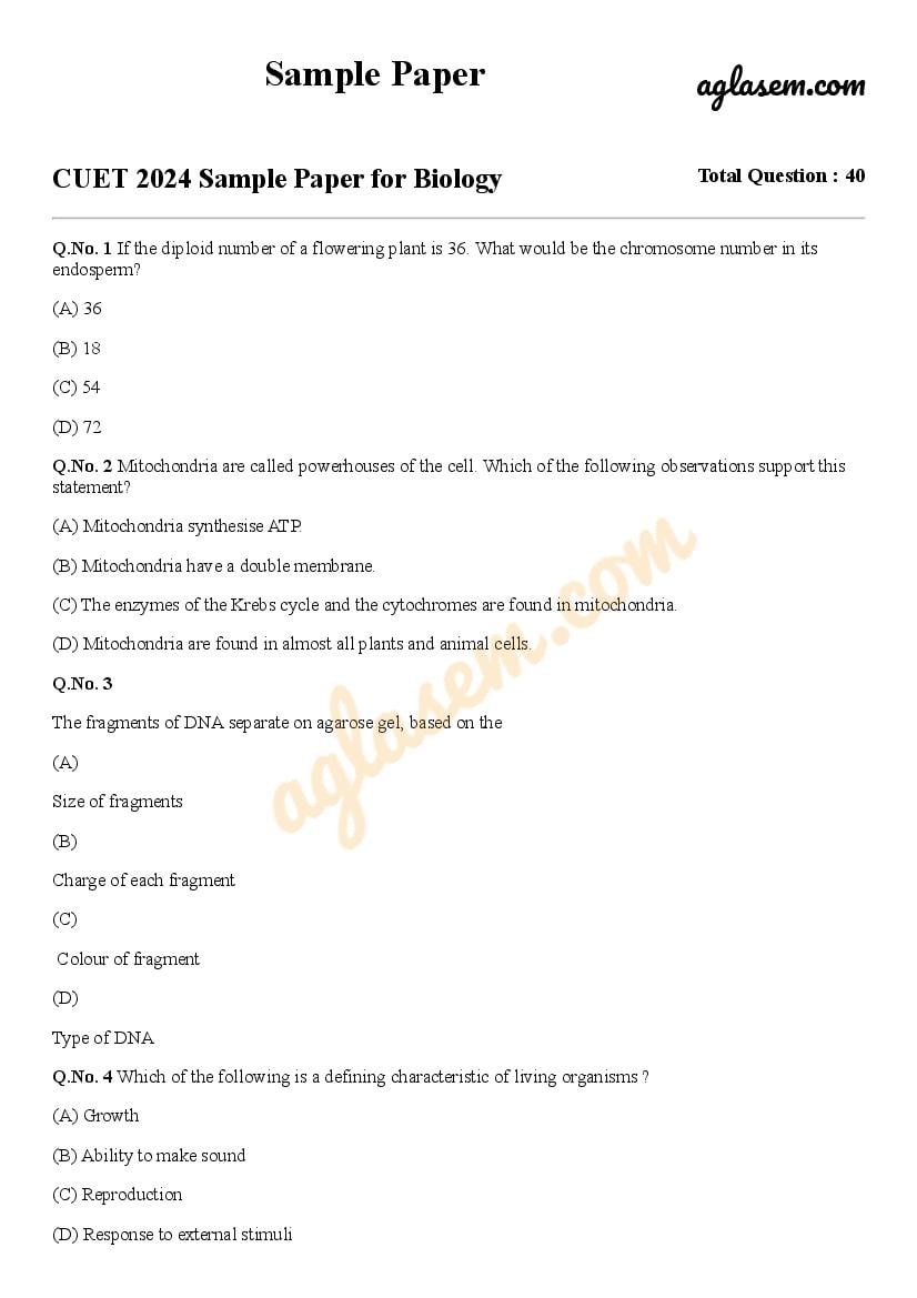 CUET 2024 Sample Paper for Biology - Page 1