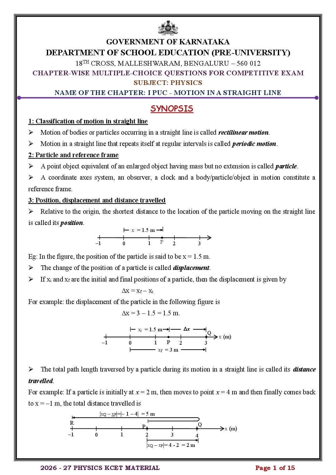 Karnataka 1st PUC Physics Motion in a Straight Line MCQ with Answers - Page 1 of 15