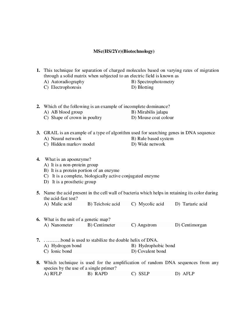 PU CET PG 2019 Question Paper MSc_HS 2Yr__Biotechnology_ - Page 1