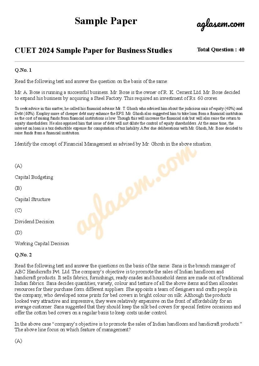 CUET 2024 Sample Paper for Business Studies - Page 1
