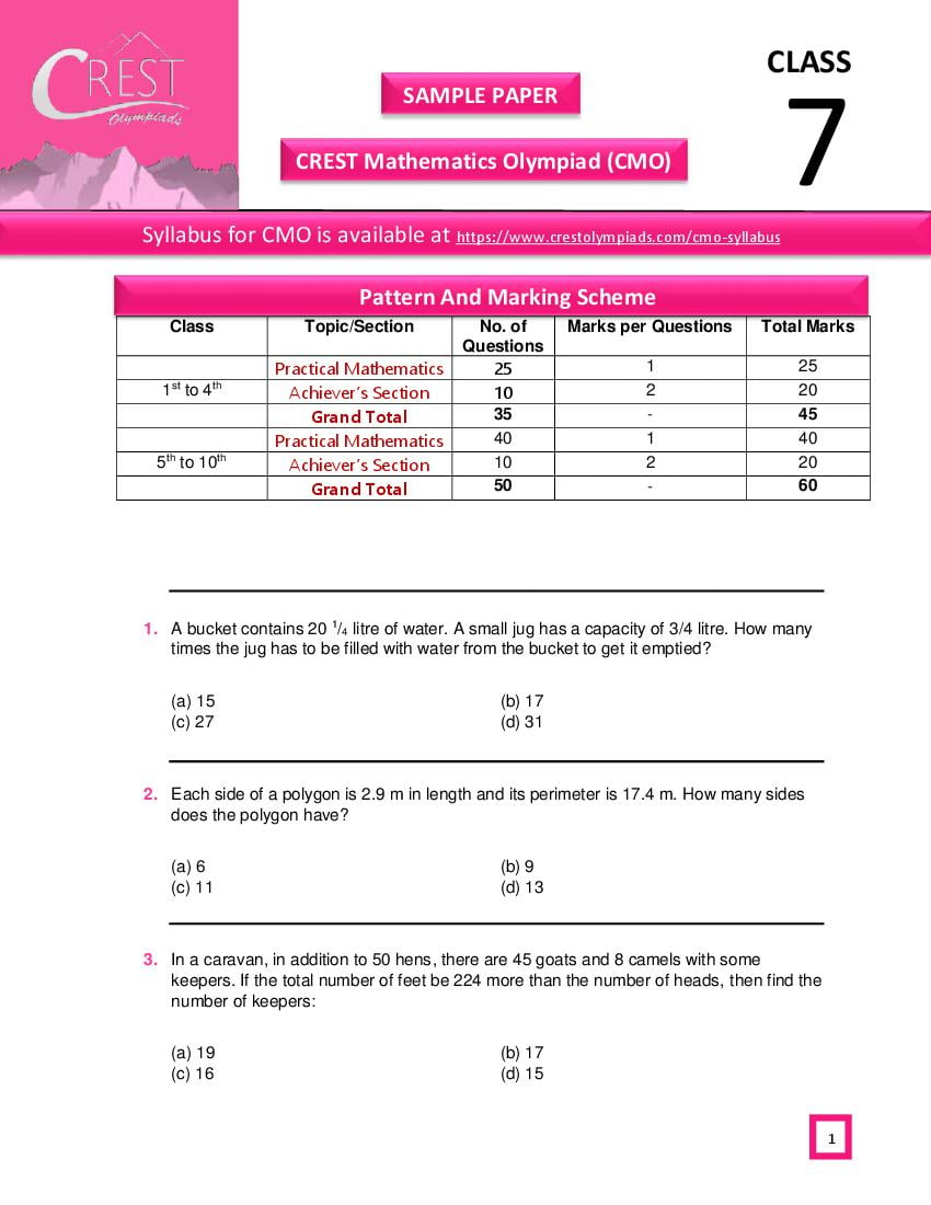 CREST Mathematics Olympiad (CMO) Class 7 Sample Paper - Page 1