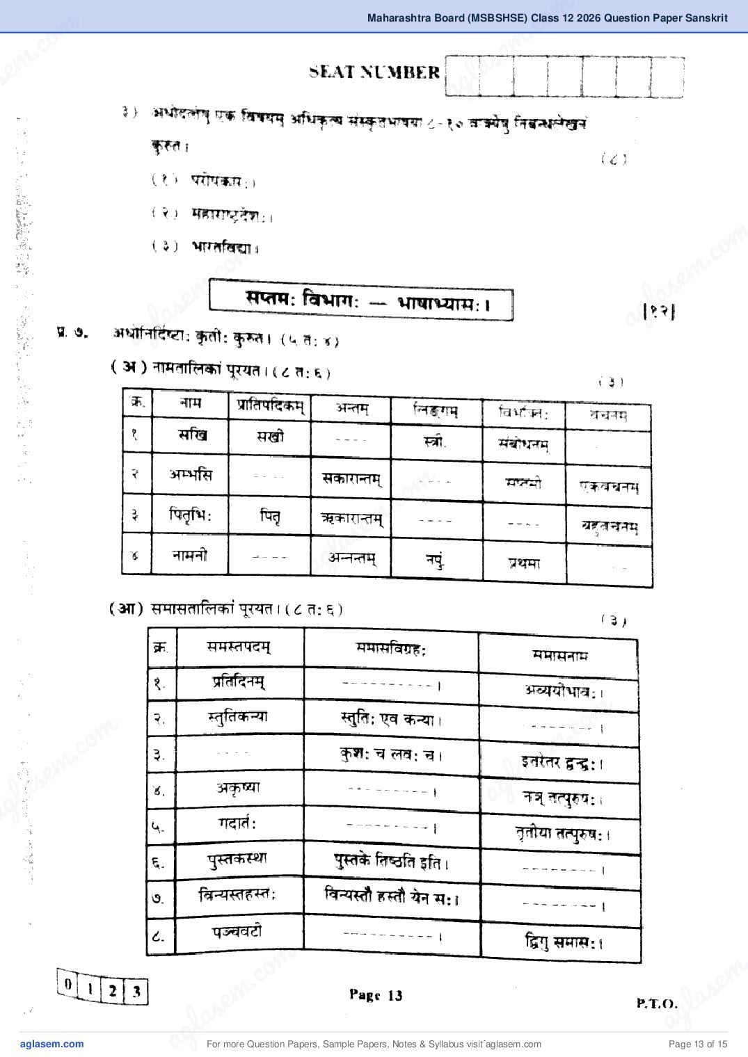 Maharashtra HSC Sanskrit Question Paper 2026 (PDF)