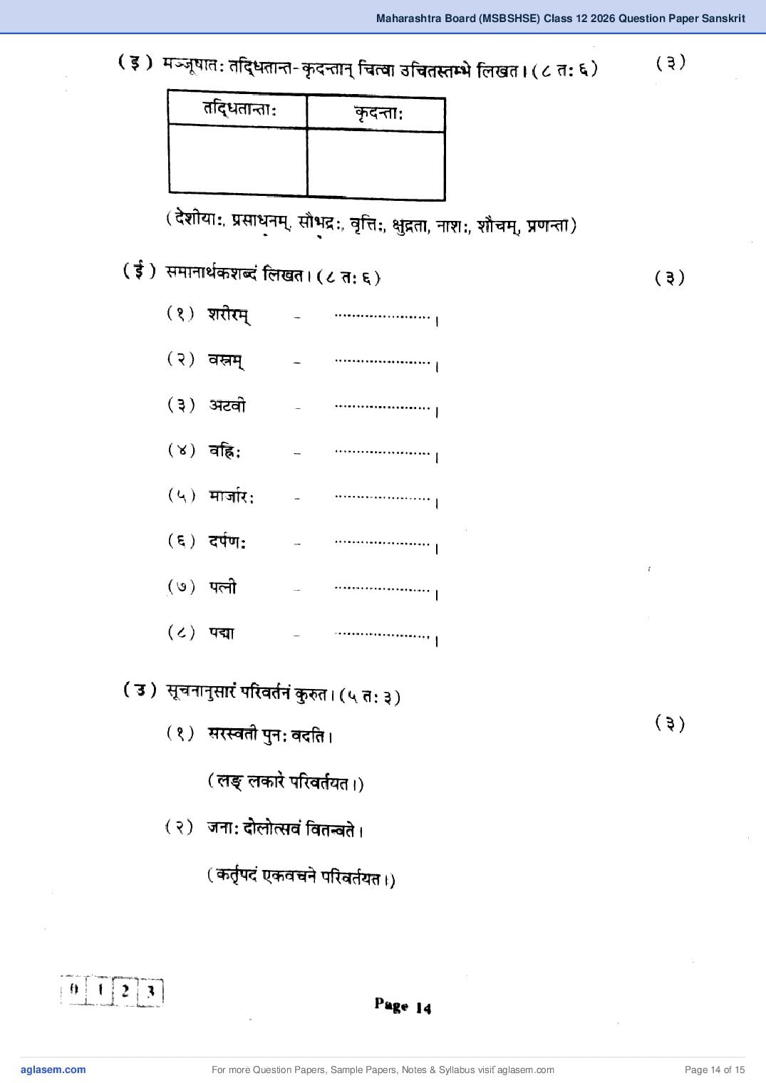 Maharashtra HSC Sanskrit Question Paper 2026 (PDF)